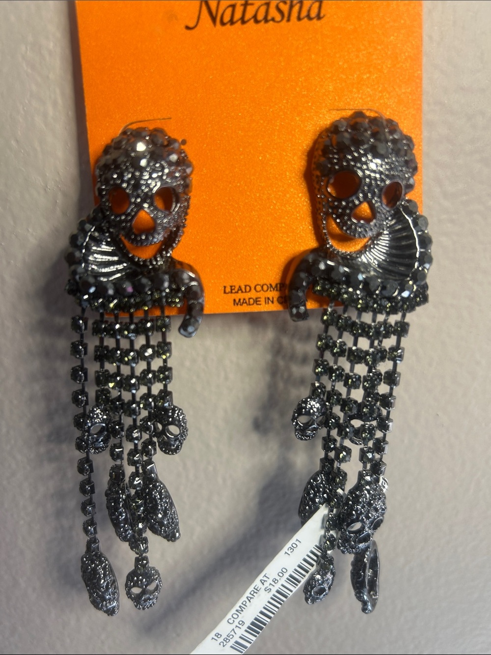 Natasha Couture Gunmetal Crystal Skull Dangle Earrings
